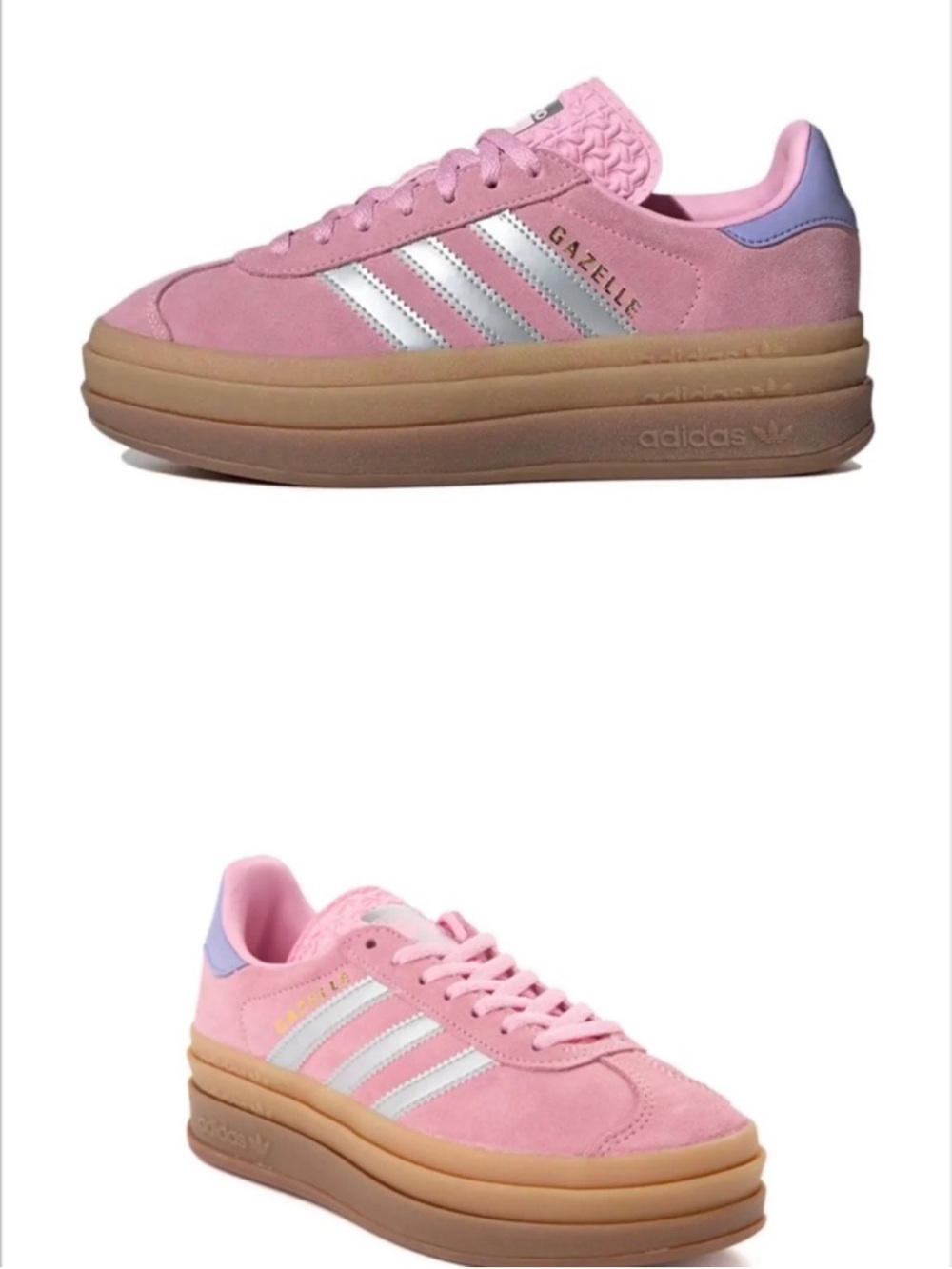 adidas Pink Suede Gazelle Platform Sneakers with Silver Stripes